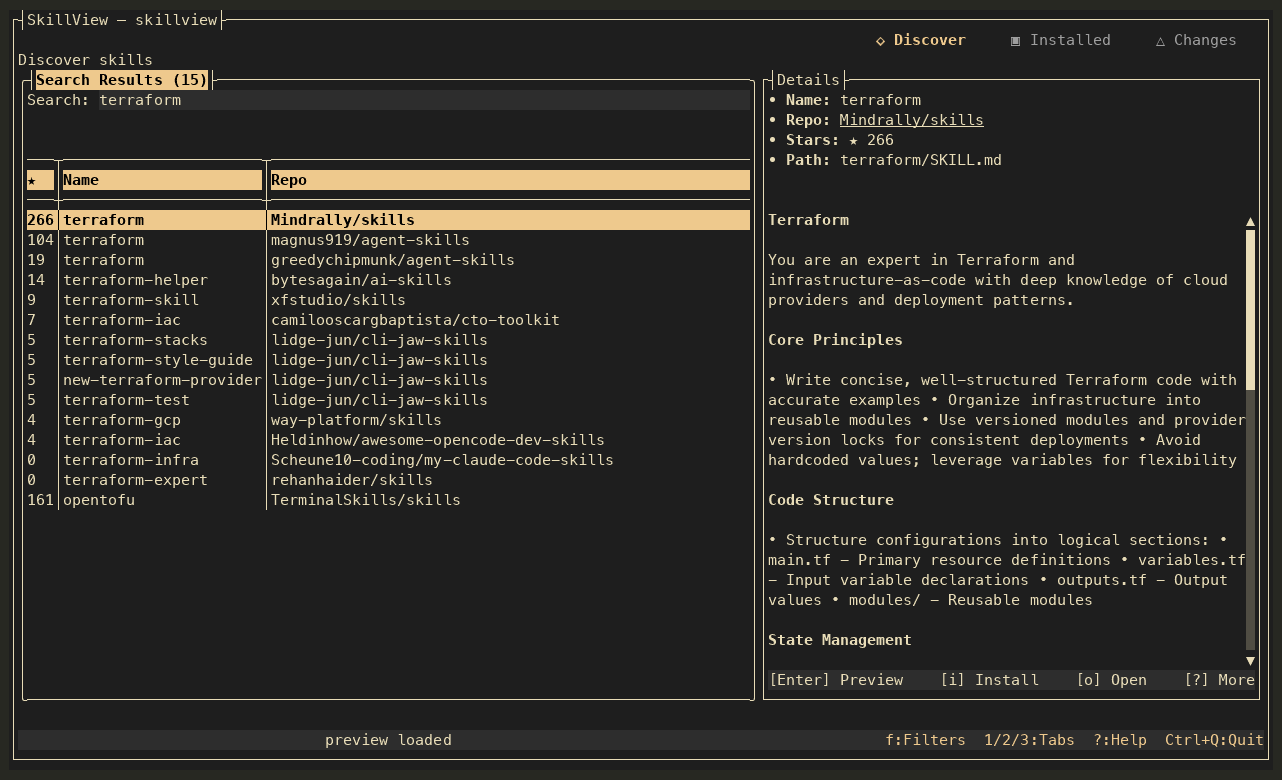 SkillView showing Terraform search results and a selected skill preview